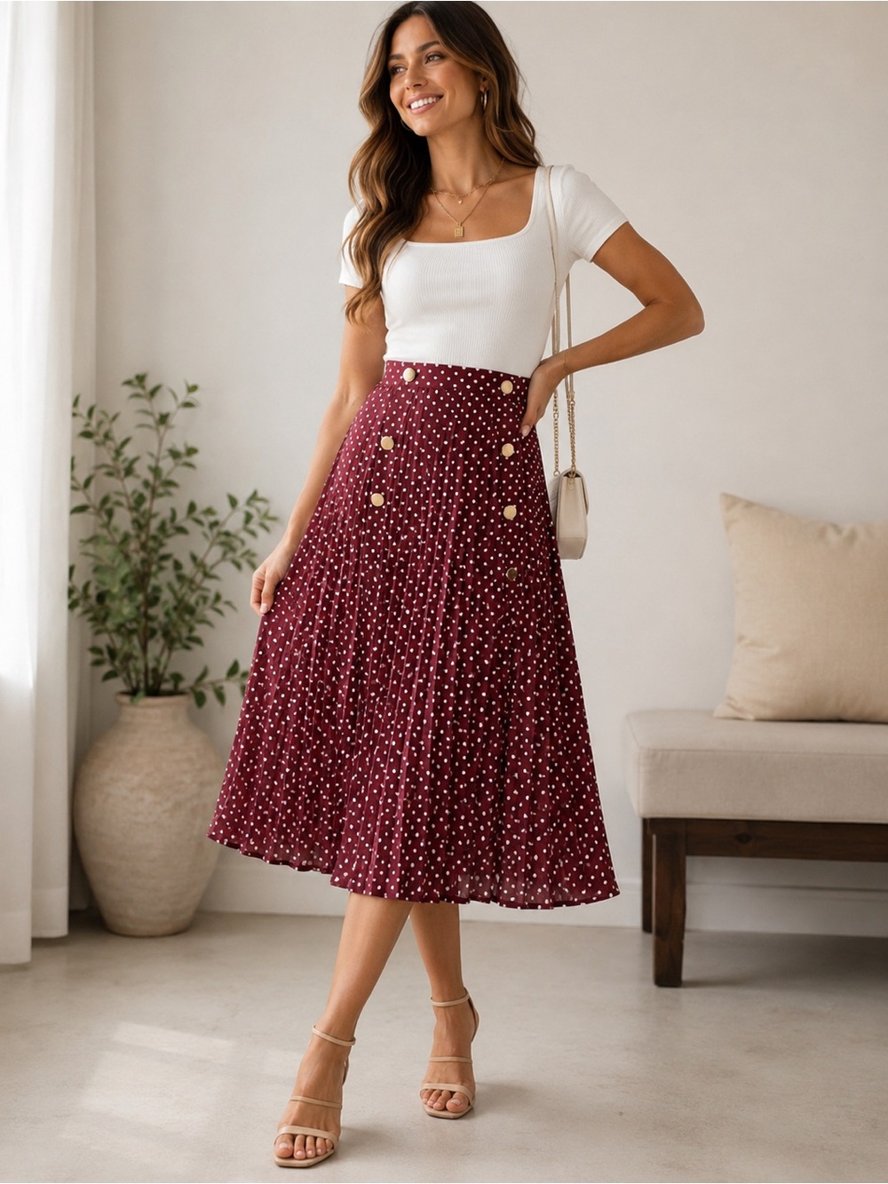 Zara Burgundy Polka Dot Pleated Midi Skirt with Gold Buttons